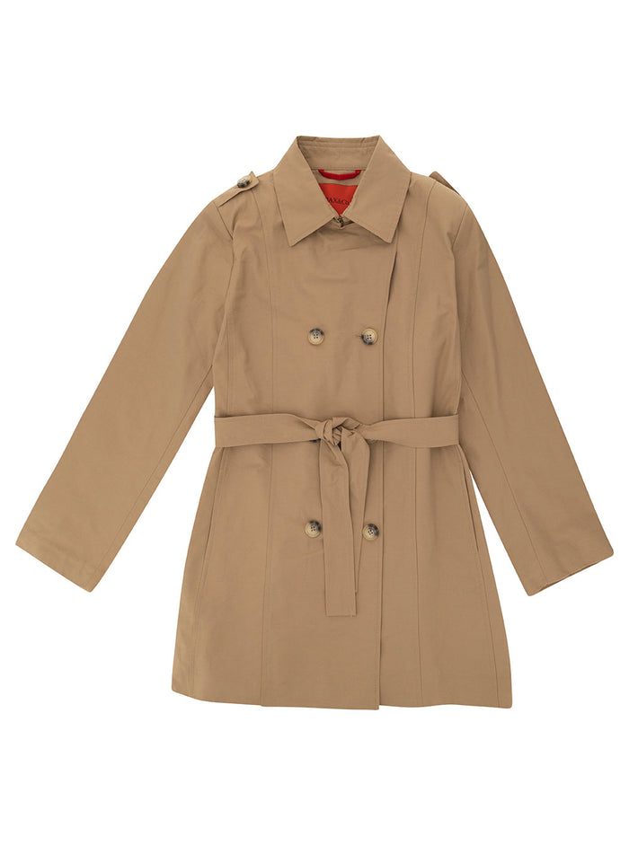 Beige Double-Breasted Trench Coat With Matching Belt Cotton Blend Girl Nylon