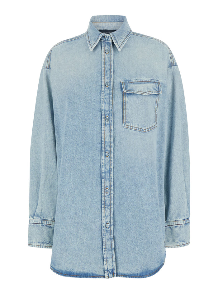 Light Blue Shirt With Buttons Denim Woman Cotton And Blouses