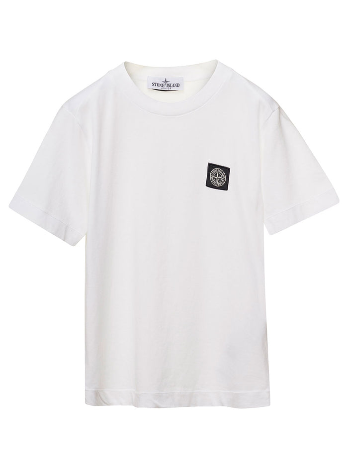 White Crewneck T-Shirt With Patch Logo Cotton Boy Tshirts And Polo Shirts