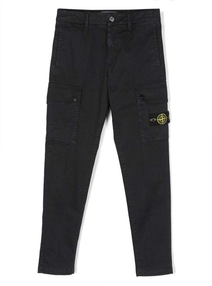 Blue Pants With Patch Pockets And Logo Stretch Cotton Boy Blu Elastan Trousers
