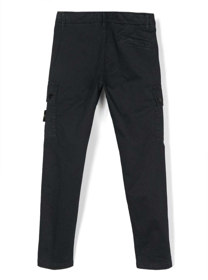 Blue Pants With Patch Pockets And Logo Stretch Cotton Boy Blu Elastan Trousers