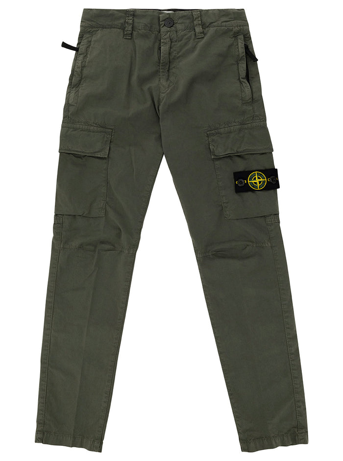 Green Cargo Pants With Logo Patch Stretch Cotton Boy Elastane Trousers