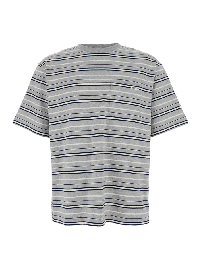 Grey Crewneck T-Shirt with All-Over Striped Motif in Cotton Man Tshirts And Polo Shirts