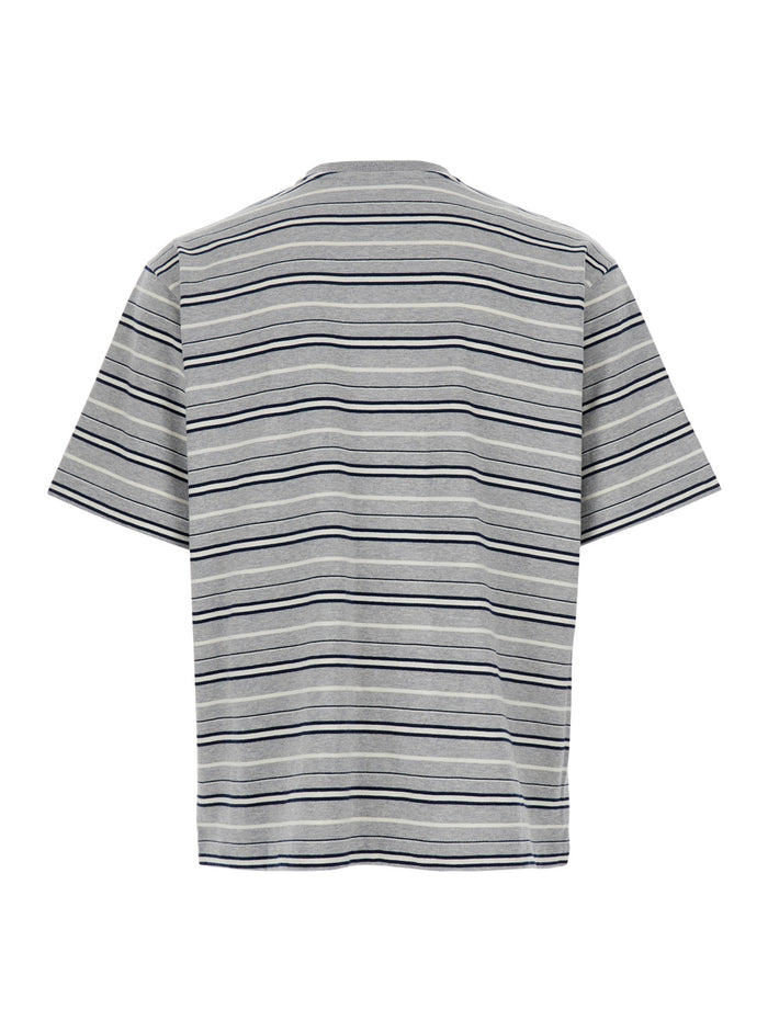 Grey Crewneck T-Shirt with All-Over Striped Motif in Cotton Man Tshirts And Polo Shirts