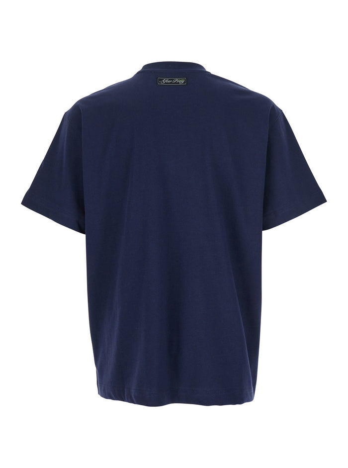 Blue Crewneck T-Shirt with Maxi Print on the Front in Cotton Man Blu Polyester Tshirts And Polo Shirts