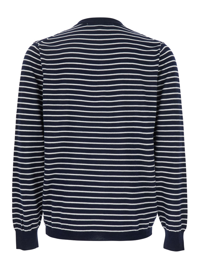 Blue Crewneck T-Shirt with All-Over Striped Motif in Cotton Man Blu Rayon Jersey