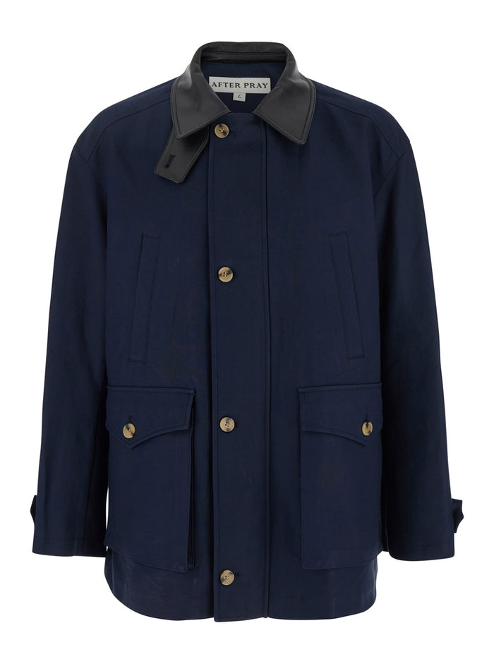 Blue Jacket with Leather Collar and Welt Chest Pockets in Cotton Man Blu Outerwear