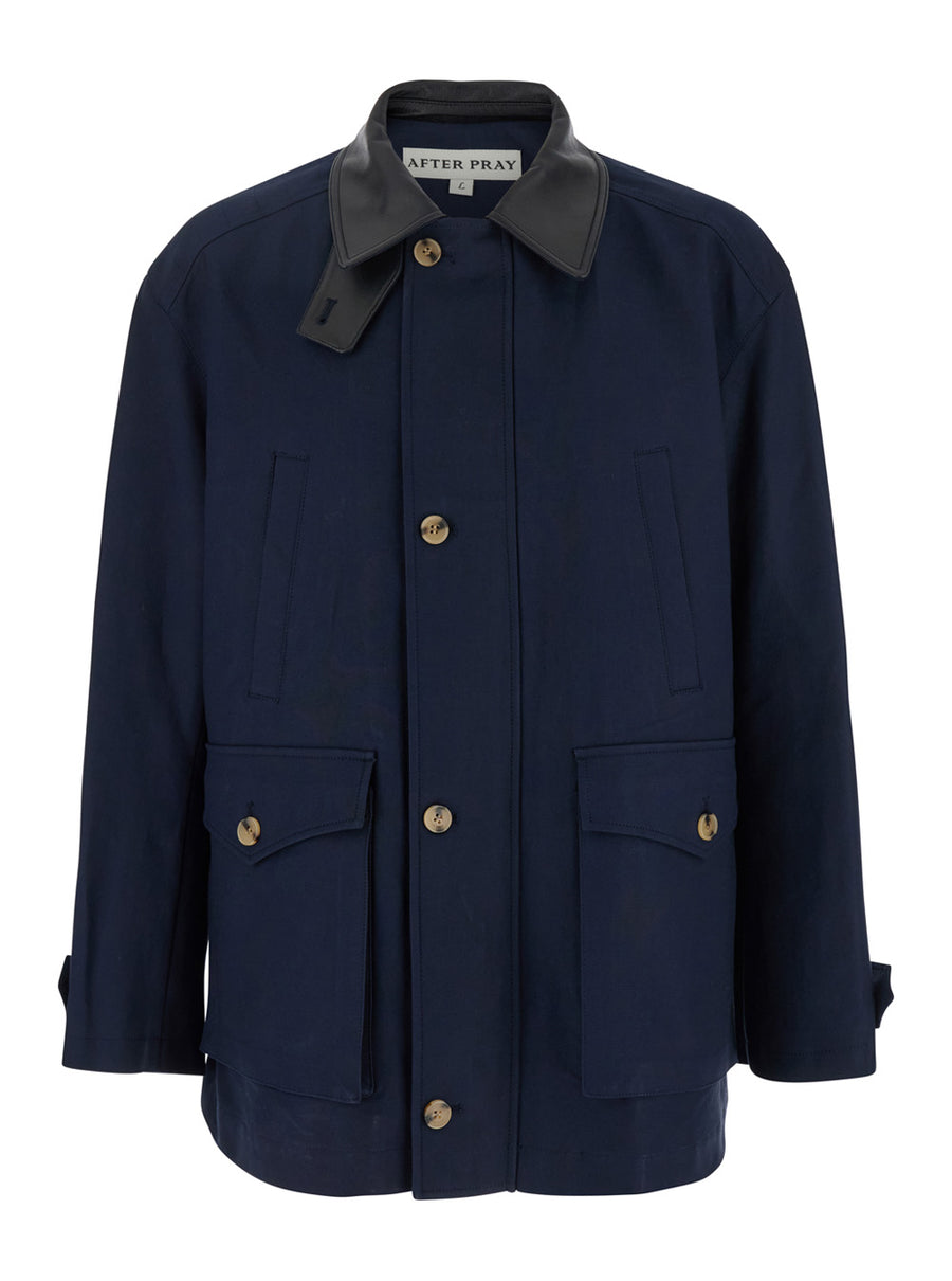 Blue Jacket With Leather Collar Cotton Coat