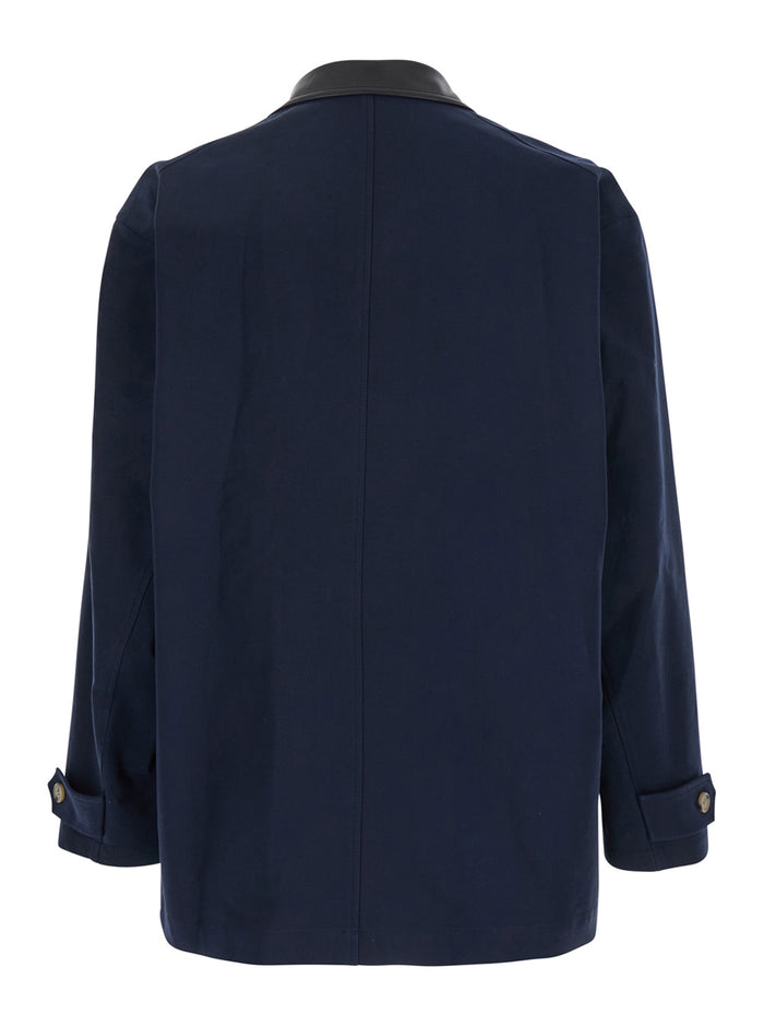 Blue Jacket with Leather Collar and Welt Chest Pockets in Cotton Man Blu Outerwear