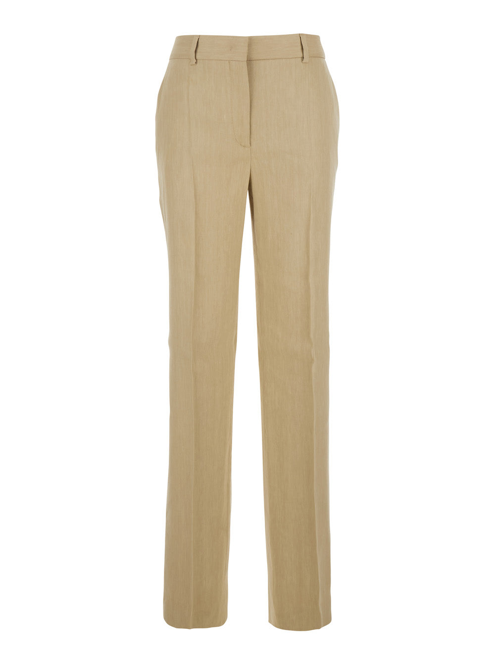 Beige Pants With High Waist And Belt Loops Linen Blend Stretch Woman Viscose Elastane Trousers