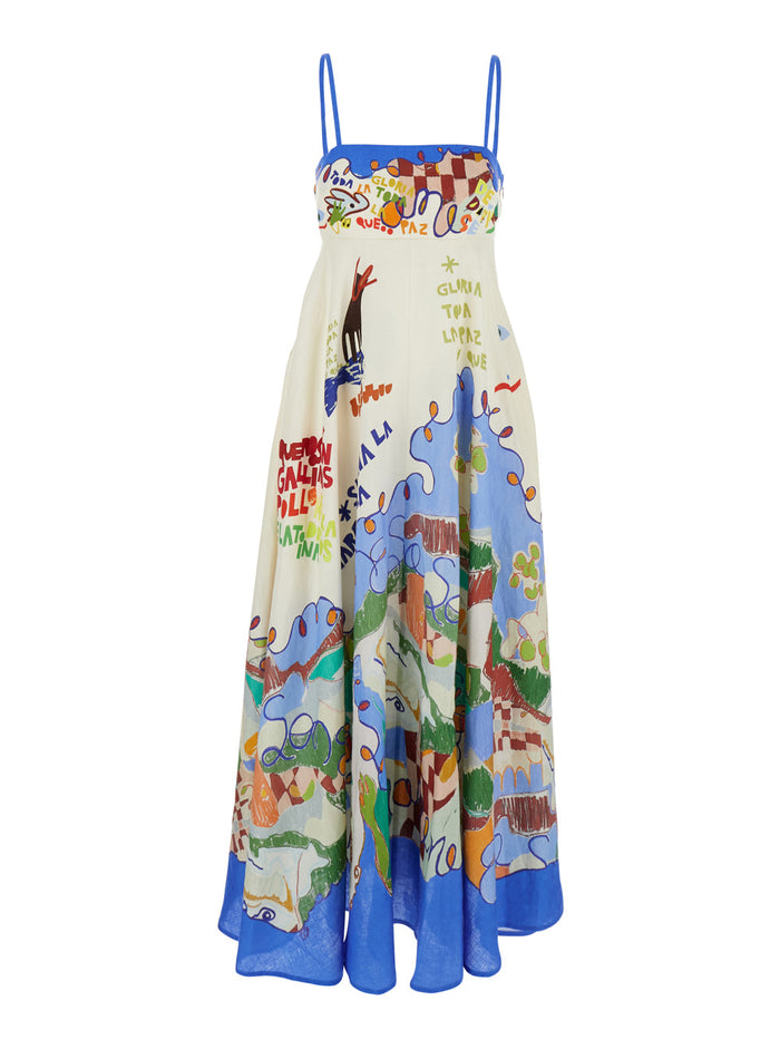 Nadia Multicolor Long Dress With All-Over Printed Motif Linen Woman