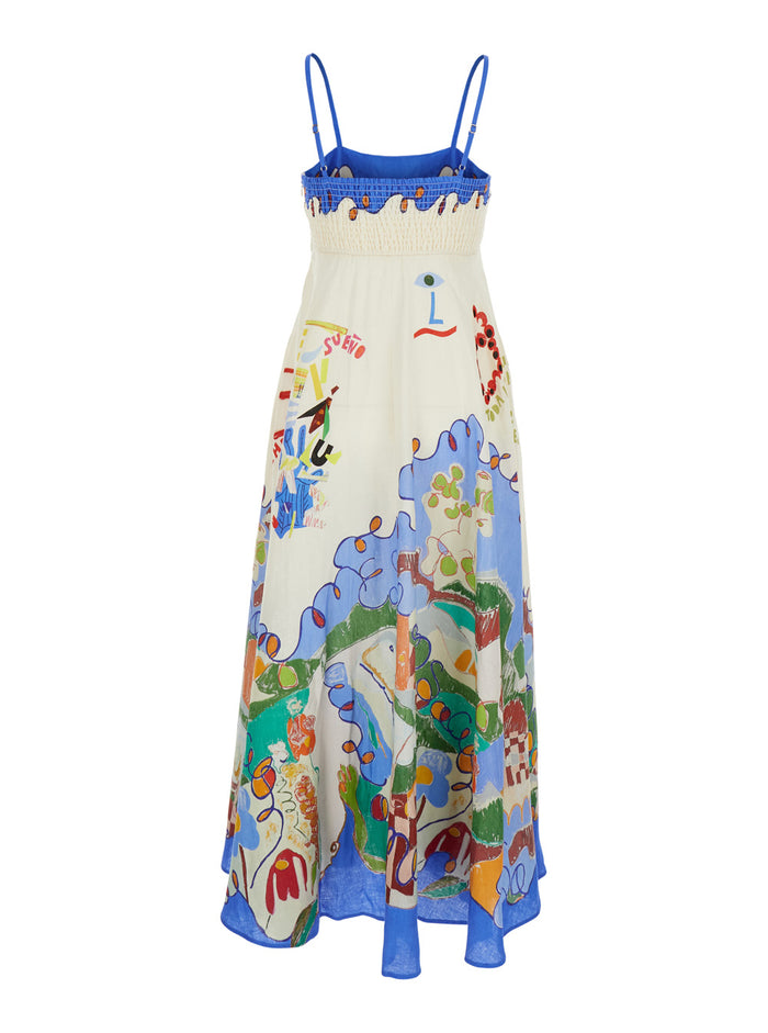 Nadia Multicolor Long Dress With All-Over Printed Motif Linen Woman