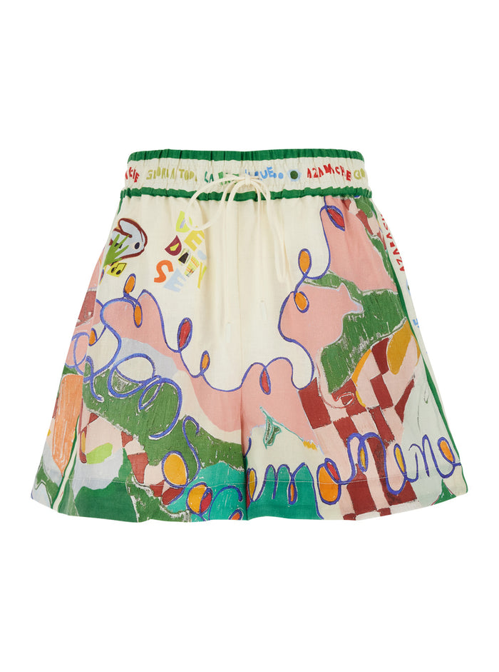 Nadia Multicolor Shorts With All-Over Printed Motif Linen Woman And Bermuda