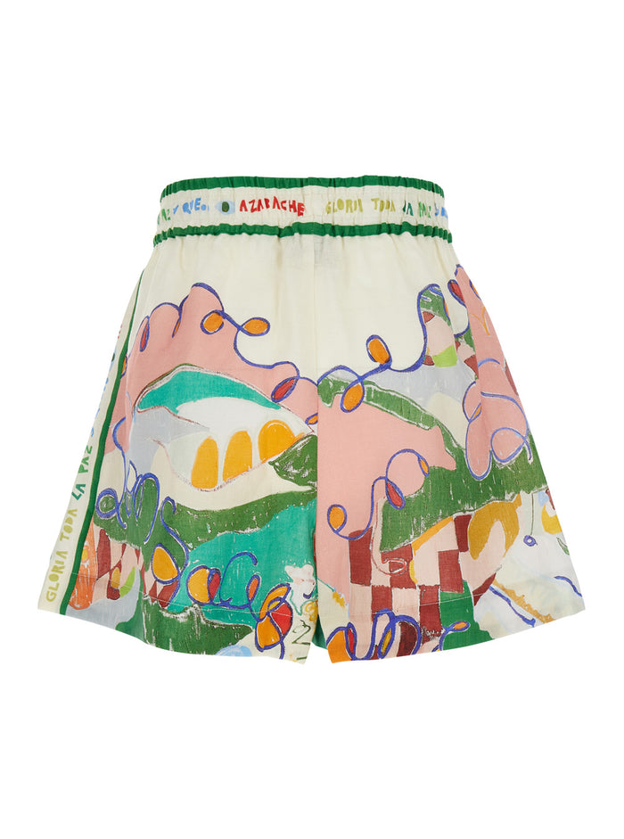 Nadia Multicolor Shorts With All-Over Printed Motif Linen Woman And Bermuda