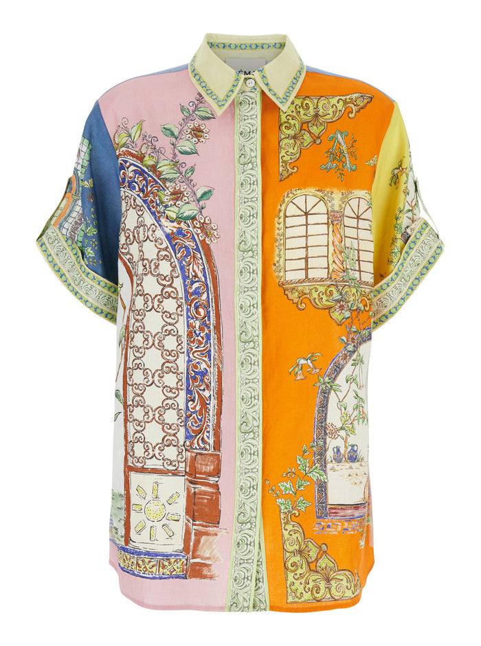 Monte Multicolor Shirt With Block Inserts And Graphic Print Linen Woman Blouses