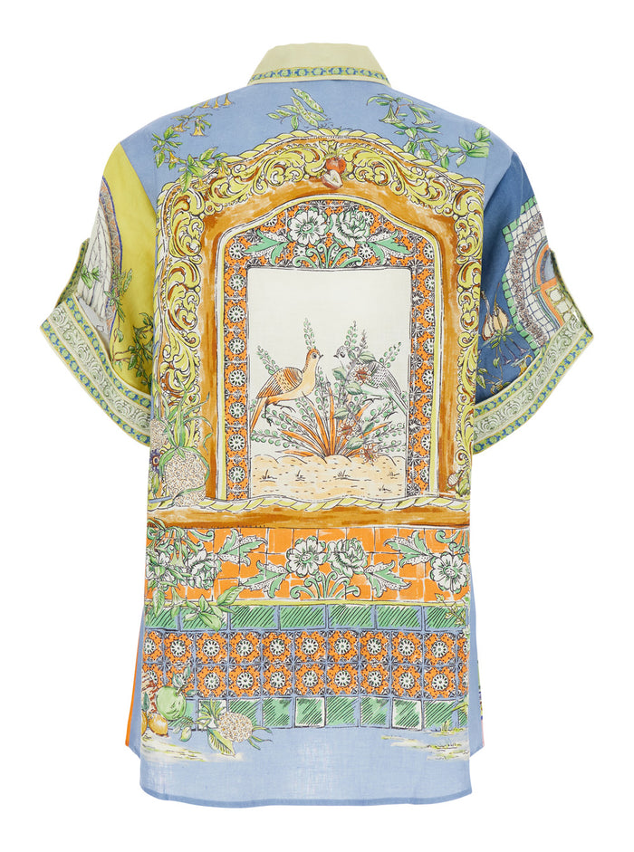Monte Multicolor Shirt With Block Inserts And Graphic Print Linen Woman Blouses