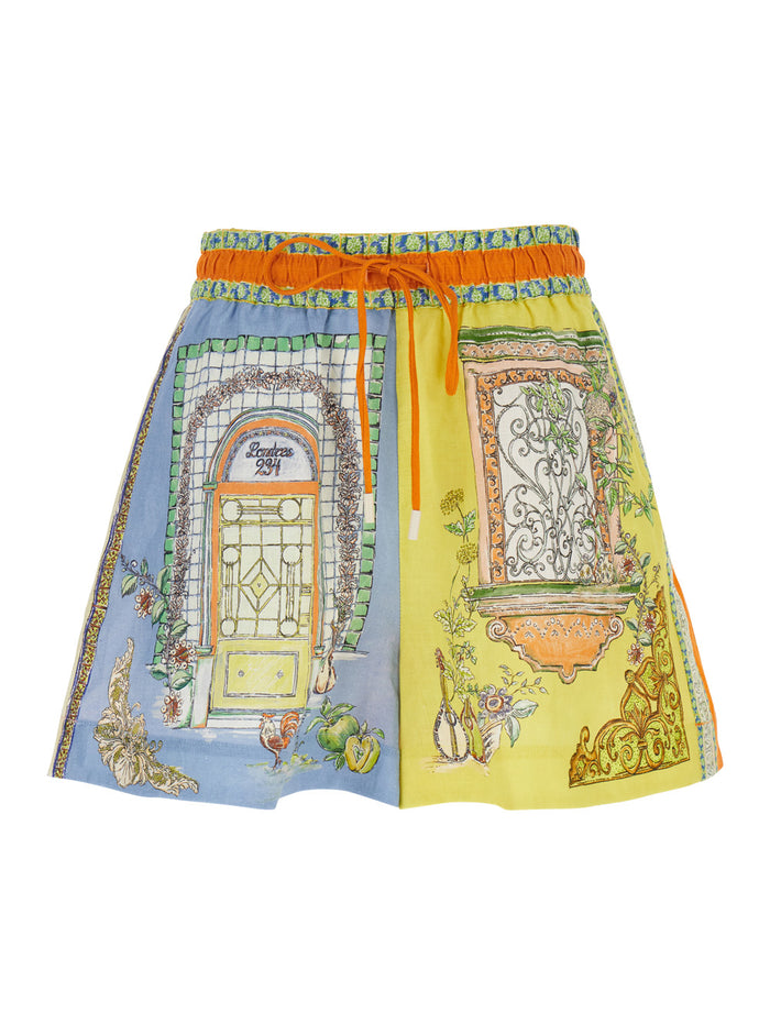 Monte Multicolor Shorts With Elastic Waist And Graphic Print Linen Woman Bermuda