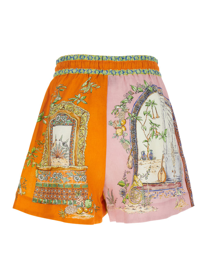 Monte Multicolor Shorts With Elastic Waist And Graphic Print Linen Woman Bermuda
