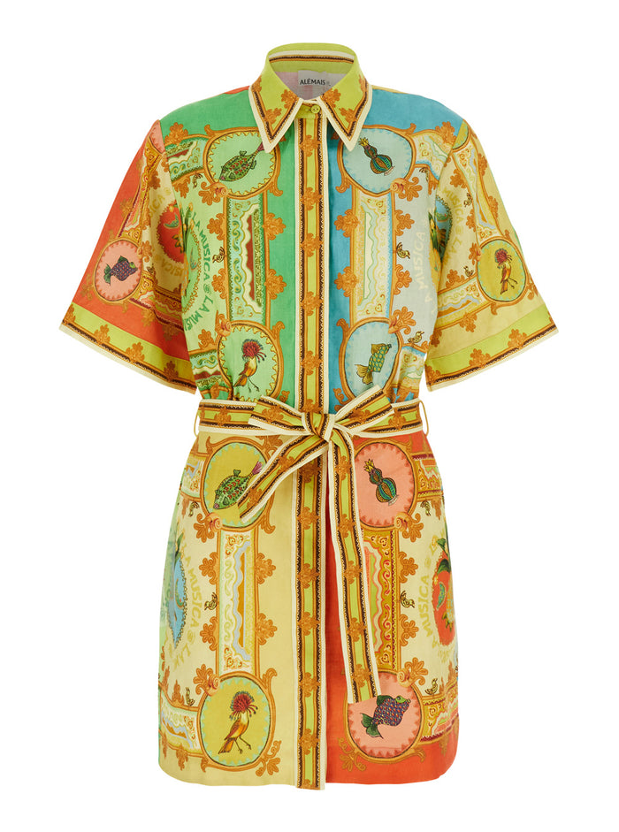La Musica Multicolor Dress With All-Over Graphic Print Linen Woman