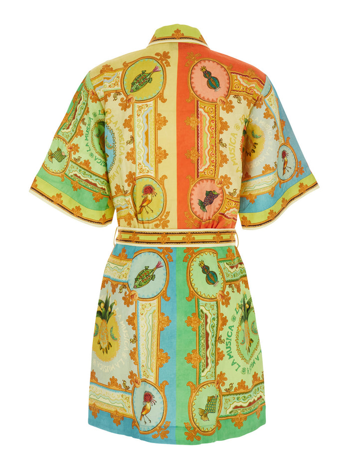 La Musica Multicolor Dress With All-Over Graphic Print Linen Woman