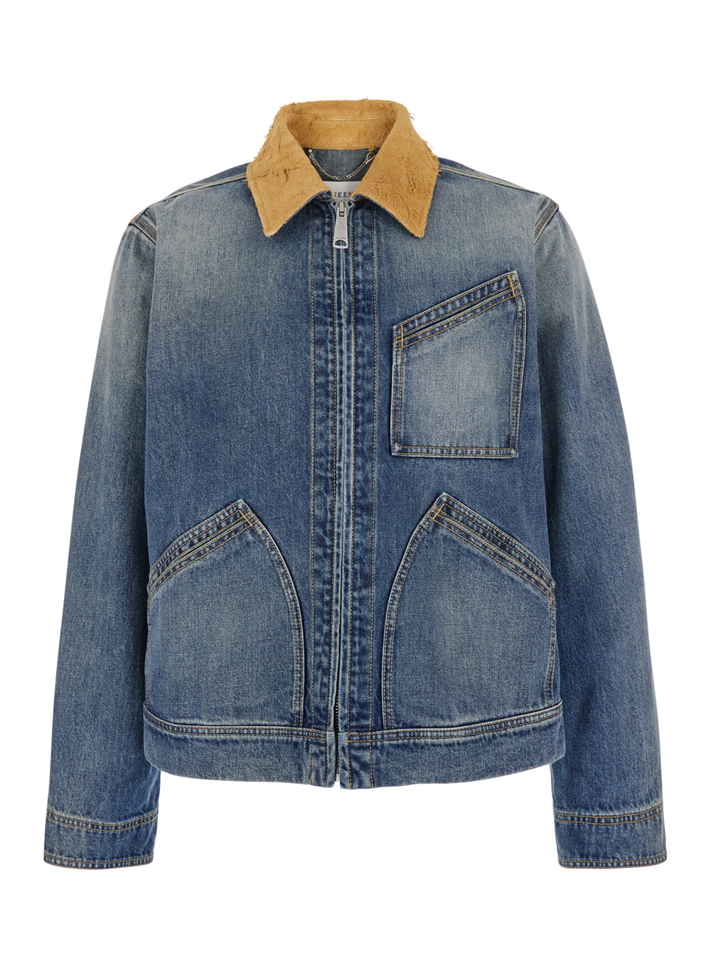 Blue Jacket with Classic Collar in Denim Man Blu Cotton Outerwear