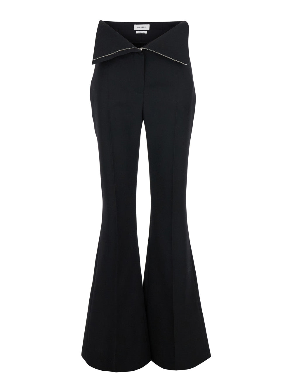 Black Flared Pants with Foldover Waist in Wool Woman Trousers