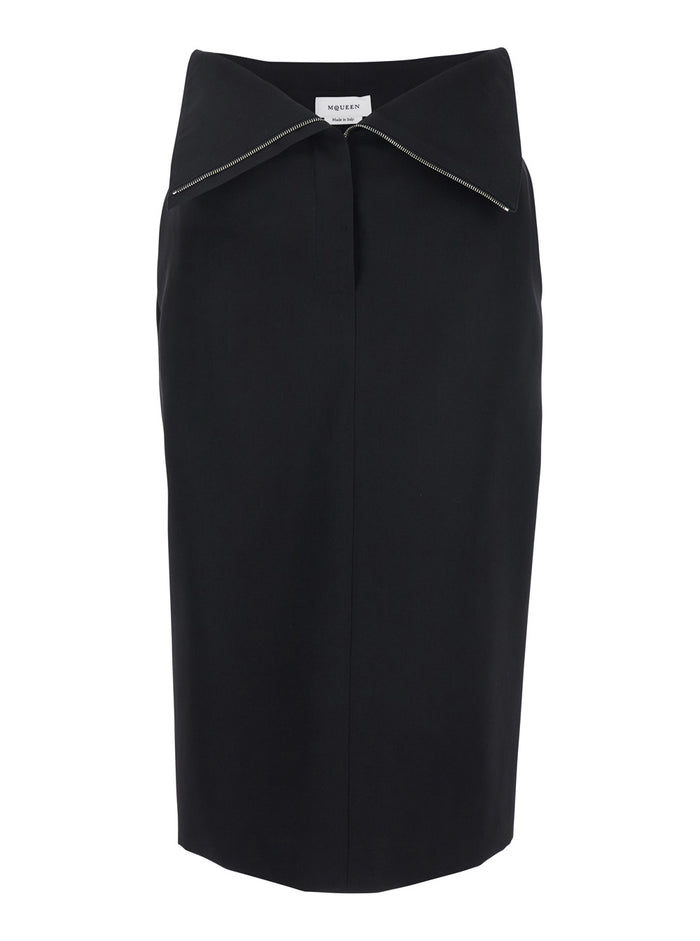 Black Skirt With Foldover Waist And Rear Single Slit Wool Woman