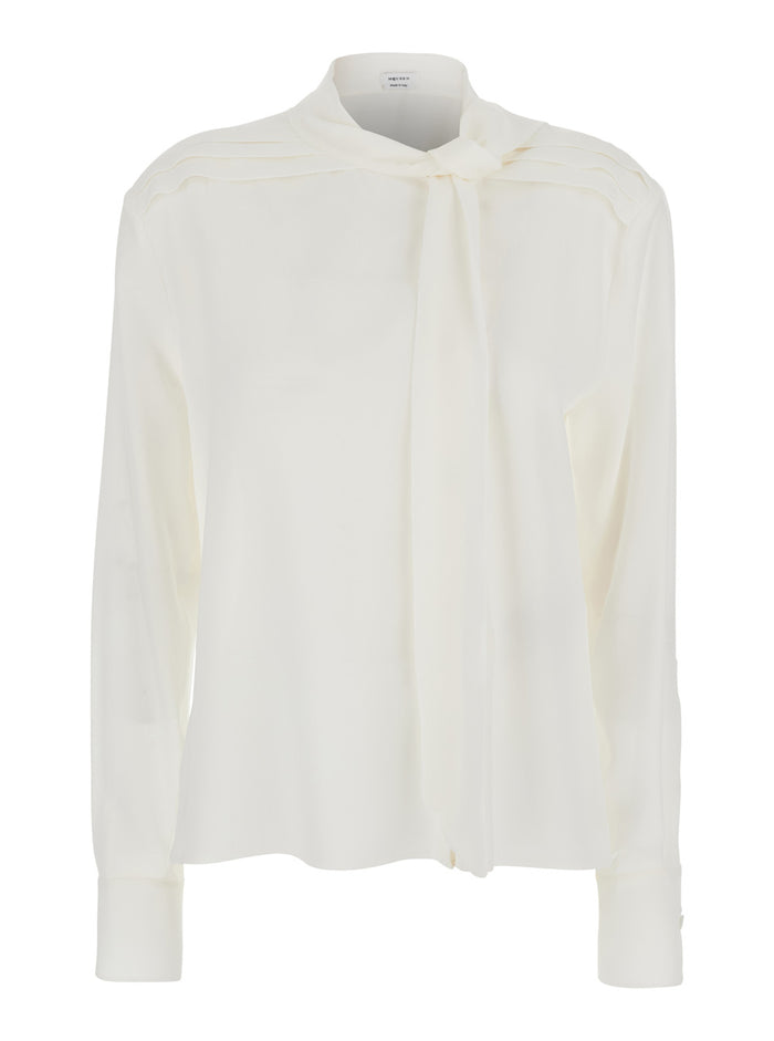 White Blouse with Scarf Detail on the Front in Silk Woman Shirts And Blouses
