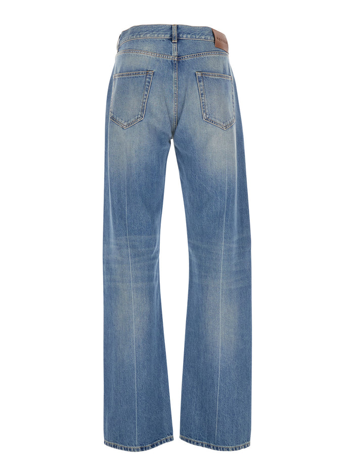 Blue High Waisted Jeans with Logo Detail on the Loop and Patch Rear in Denim Man Blu Cotton