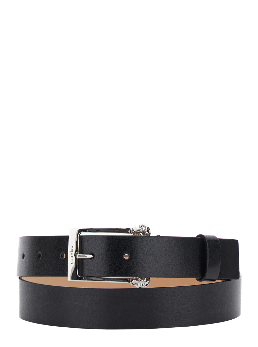 Twin Skull Black Belt with Logo Detail on the Buckle in Leather Man Calf
