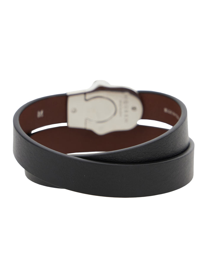 Black Bracelet with Skull Detail in Brass and Leather Man Calf