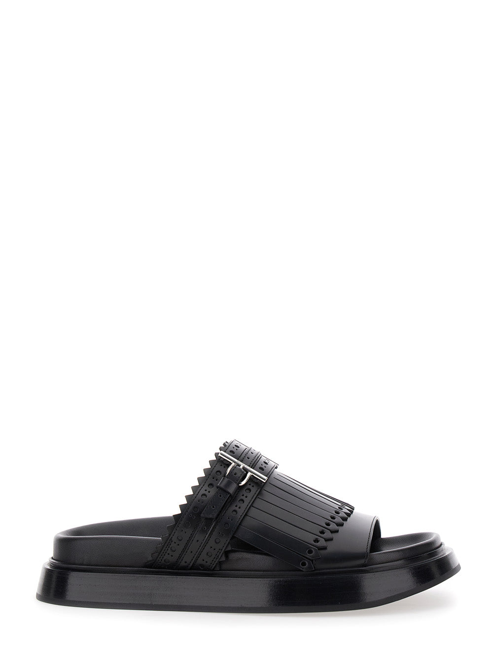 Black Sandals with Brogue T-Buckle Decorative Strap in Leather Woman Calf Flat Shoes