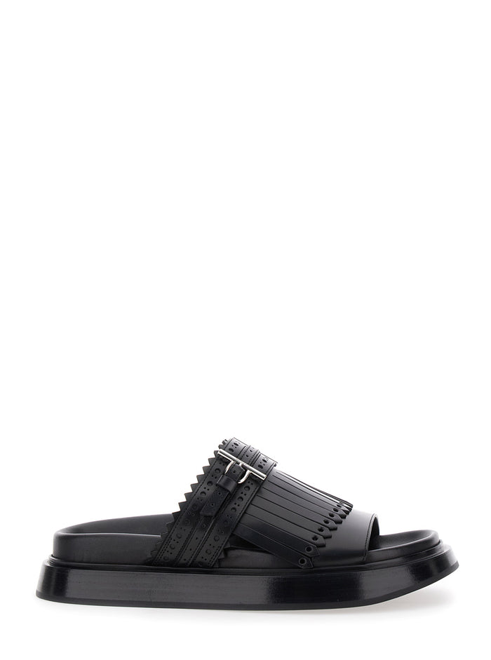Black Sandals with Brogue T-Buckle Decorative Strap in Leather Woman Calf Flat Shoes