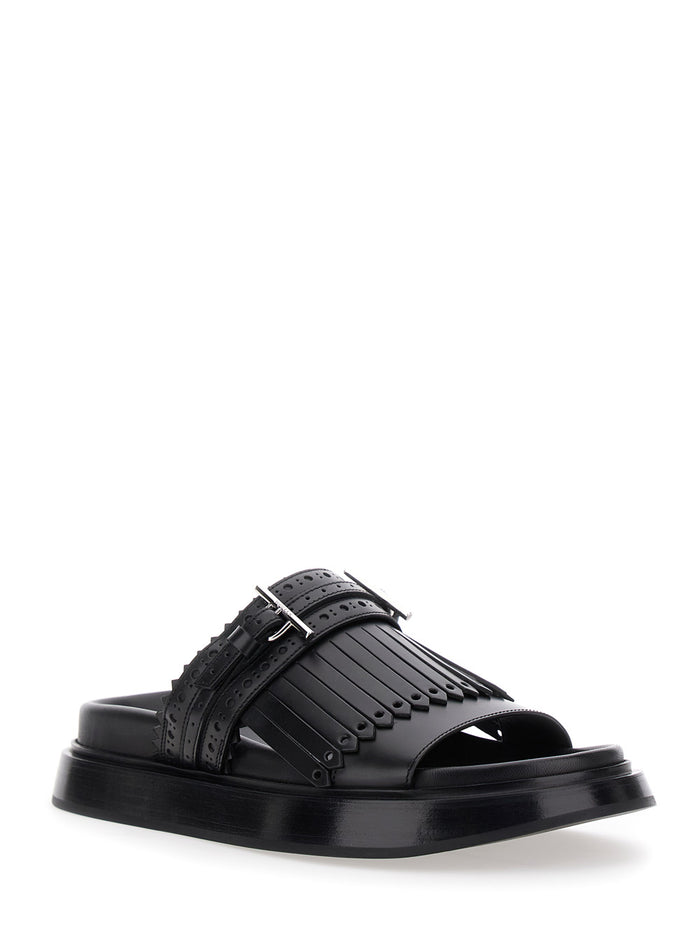 Black Sandals with Brogue T-Buckle Decorative Strap in Leather Woman Calf Flat Shoes