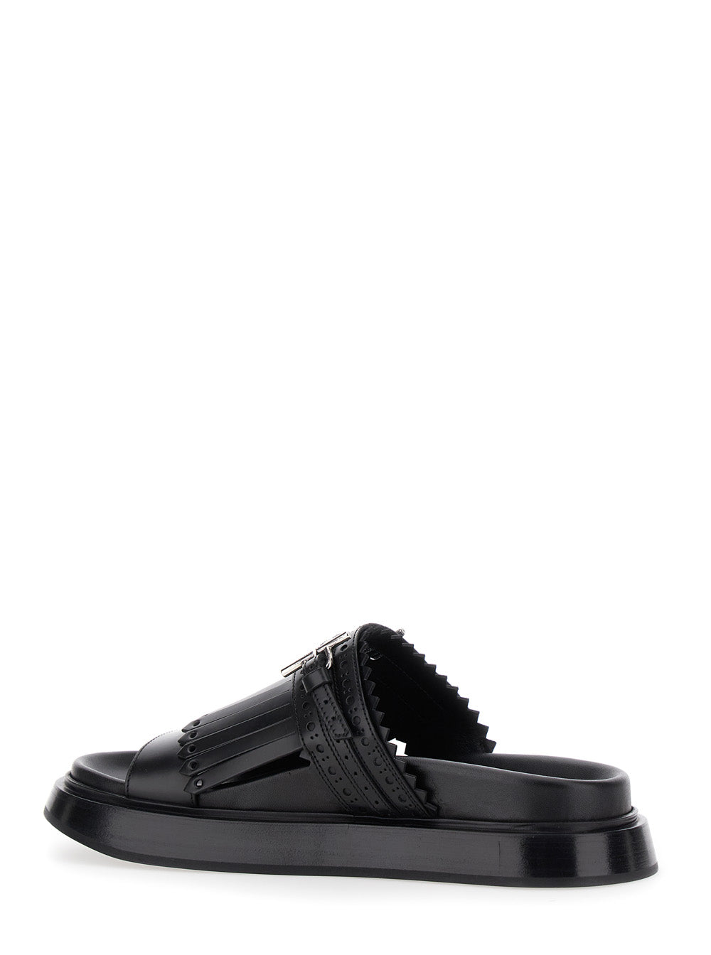Black Sandals with Brogue T-Buckle Decorative Strap in Leather Woman Calf Flat Shoes