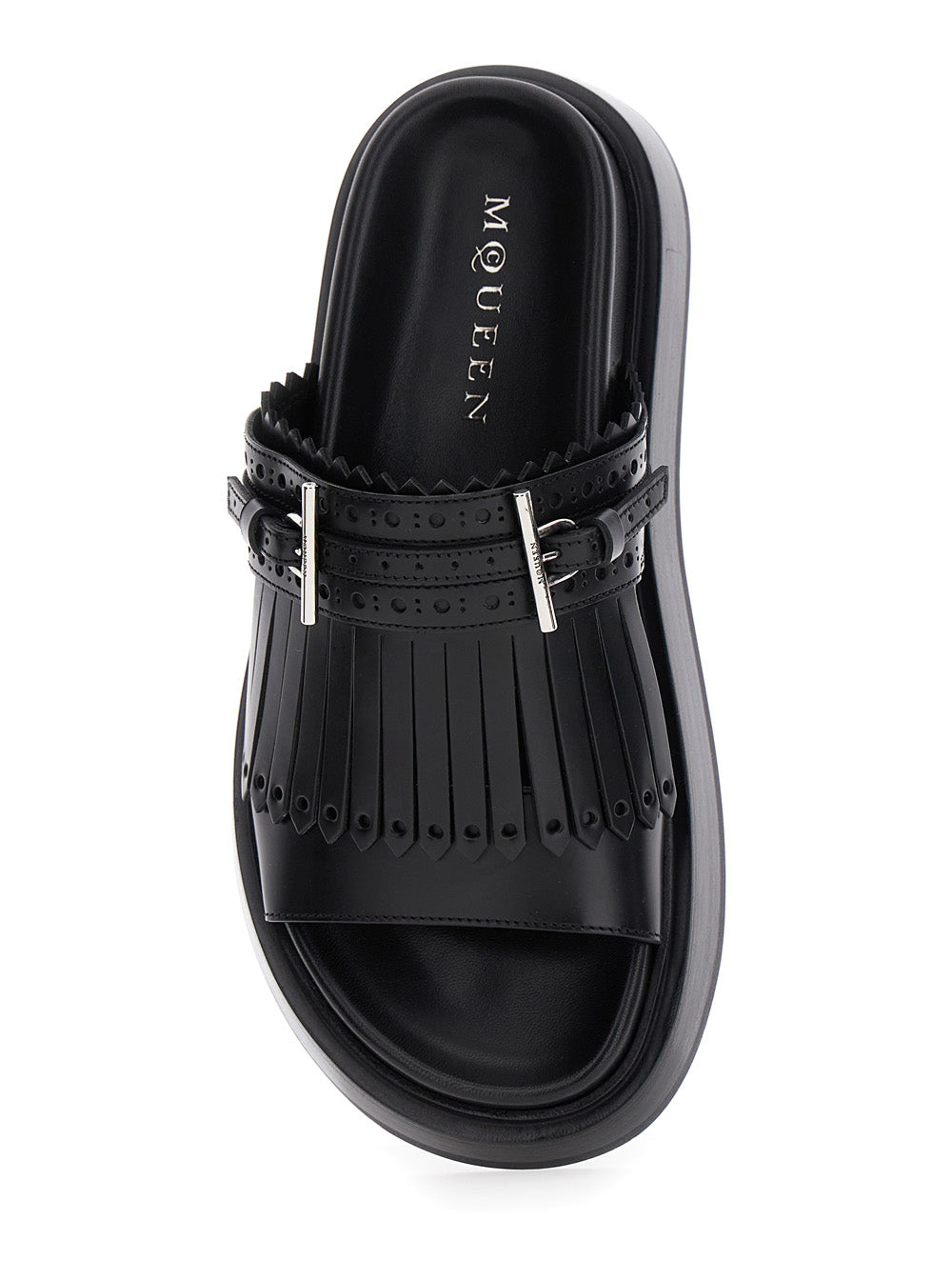 Black Sandals with Brogue T-Buckle Decorative Strap in Leather Woman Calf Flat Shoes