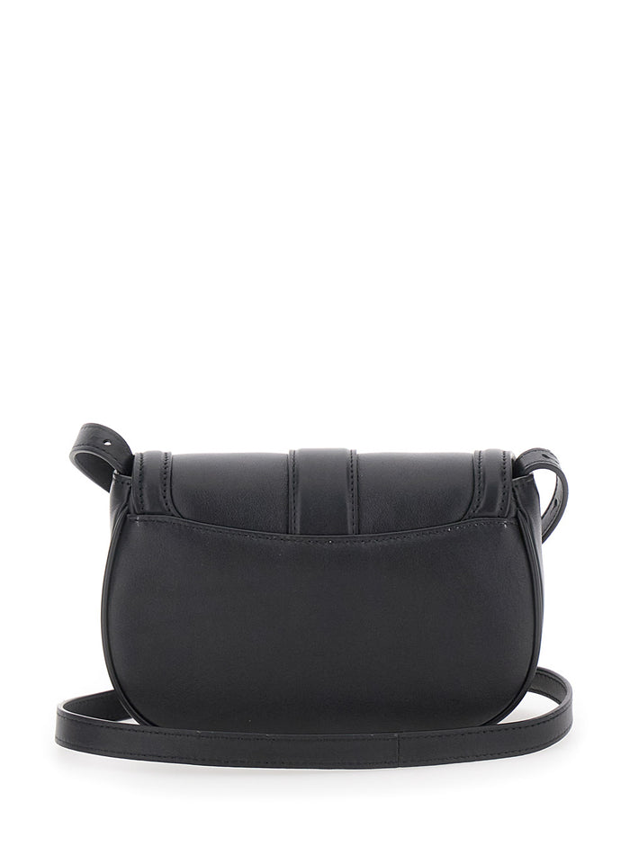 Satchel Mini Black Crossbody Bag with T-Buckle and Embossed Logo in Leather Woman 100 % Calf