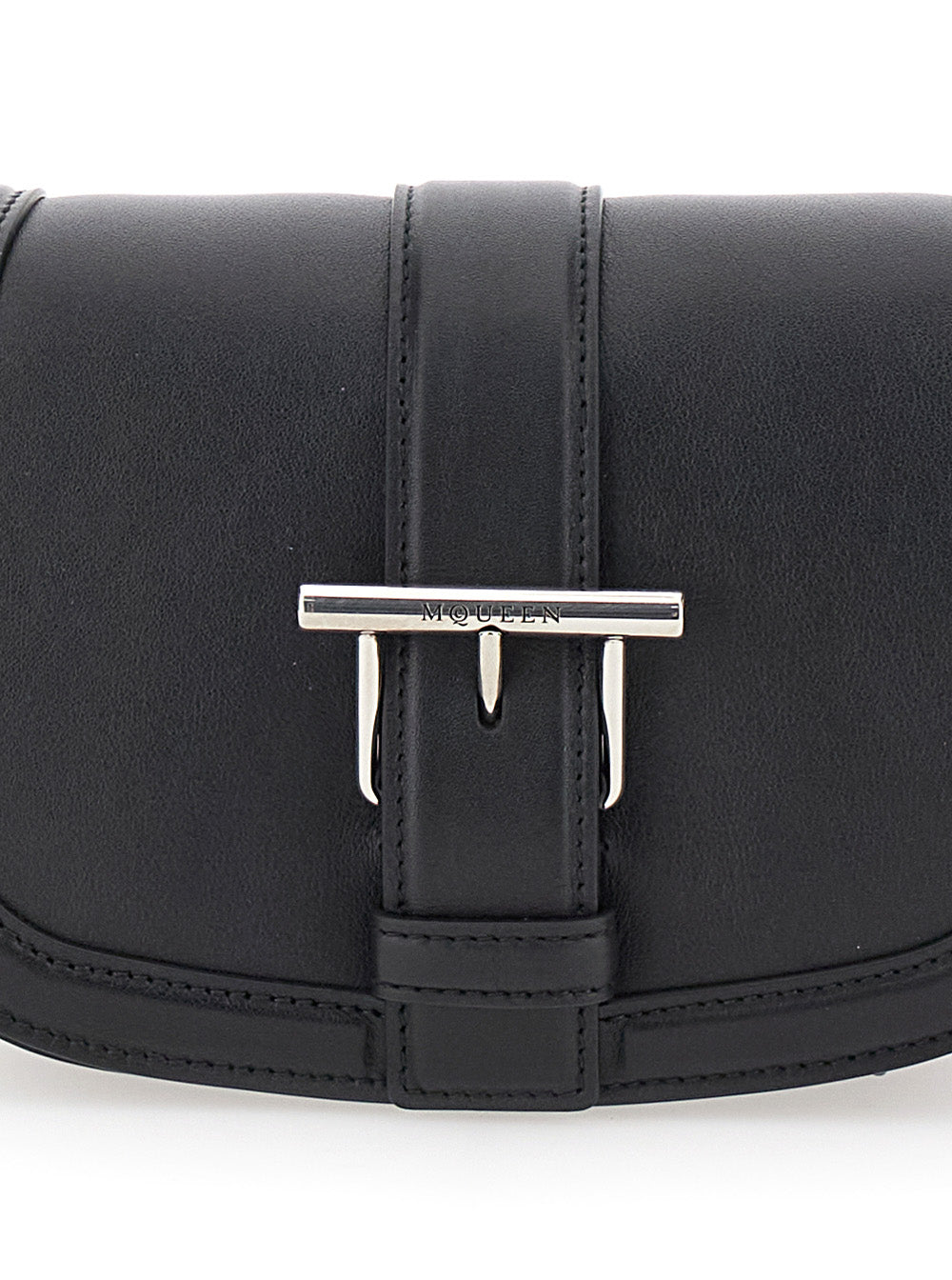 Satchel Mini Black Crossbody Bag with T-Buckle and Embossed Logo in Leather Woman 100 % Calf