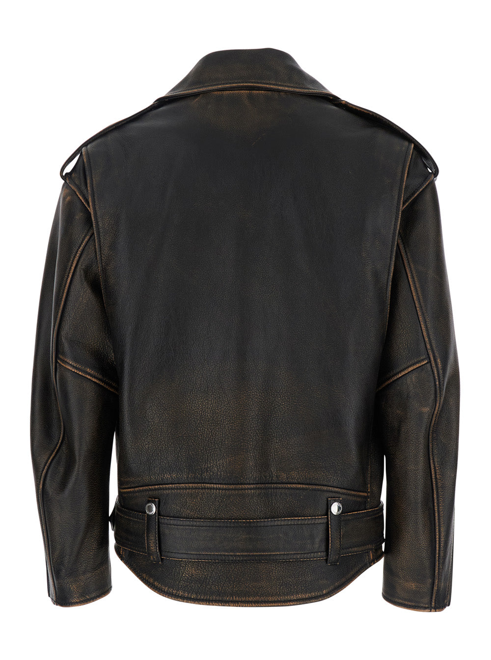 Antiqued Brown Biker Jacket with Wide Classic Lapels and Decentralized Zip Closure in Leather Woman Cow Outerwear
