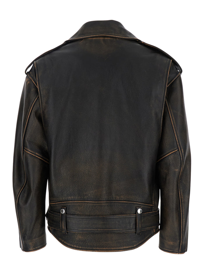 Antiqued Brown Biker Jacket with Wide Classic Lapels and Decentralized Zip Closure in Leather Woman Cow Outerwear