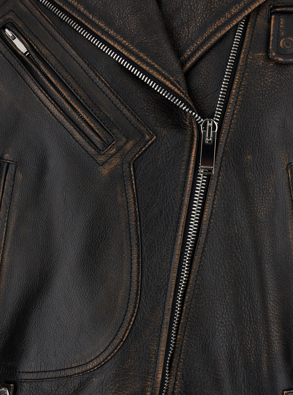 Antiqued Brown Biker Jacket with Wide Classic Lapels and Decentralized Zip Closure in Leather Woman Cow Outerwear