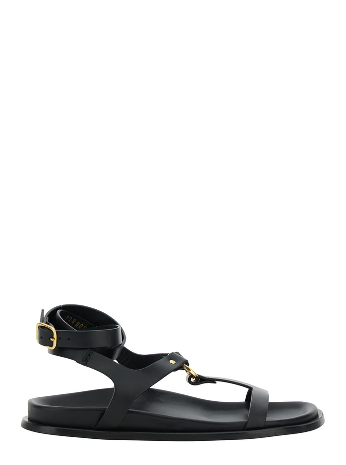 Kizzi Black Sandals With Ankle Strap And Logo On The Insole Leather Woman Calf Flat Shoes