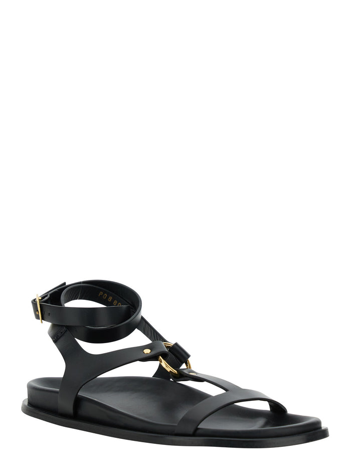 Kizzi Black Sandals With Ankle Strap And Logo On The Insole Leather Woman Calf Flat Shoes