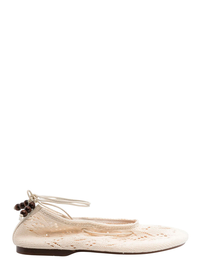 Rosemary White Ballet Flats with Embroidered Design Ankle Knot Closure in Cotton Crochet Woman Fabric Ballerinas
