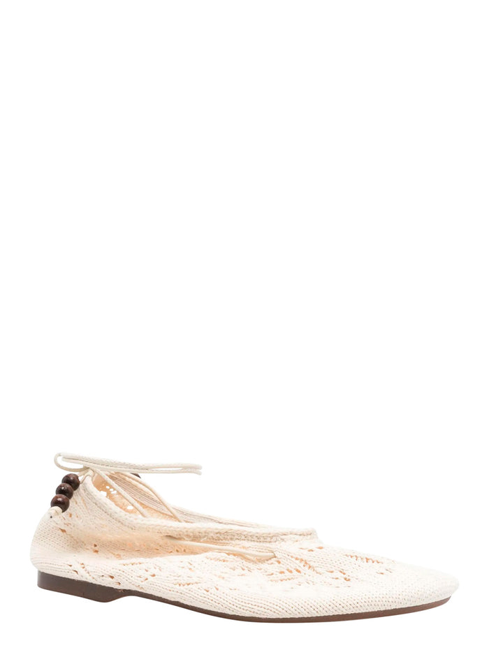 Rosemary White Ballet Flats with Embroidered Design Ankle Knot Closure in Cotton Crochet Woman Fabric Ballerinas
