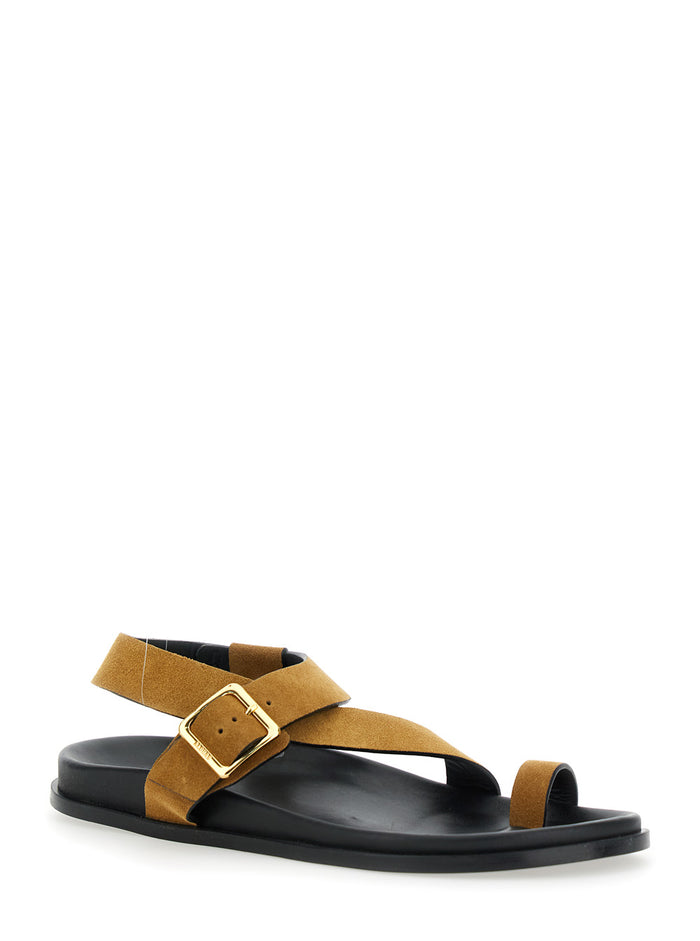 Siren Brown Sandals with Metal Buckle Strap and Logo Insole in Suede Woman Flat Shoes