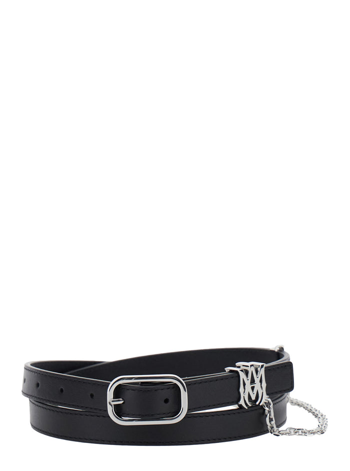 Black Belt With Chain Detail And Logo Plaque On The Front Leather Man