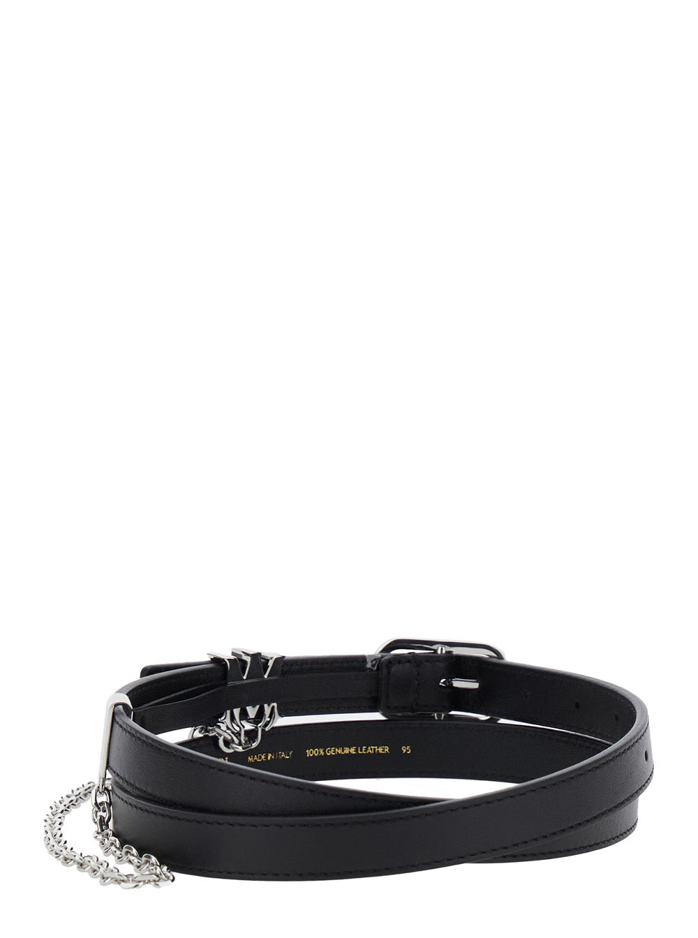 Black Belt With Chain Detail And Logo Plaque On The Front Leather Man