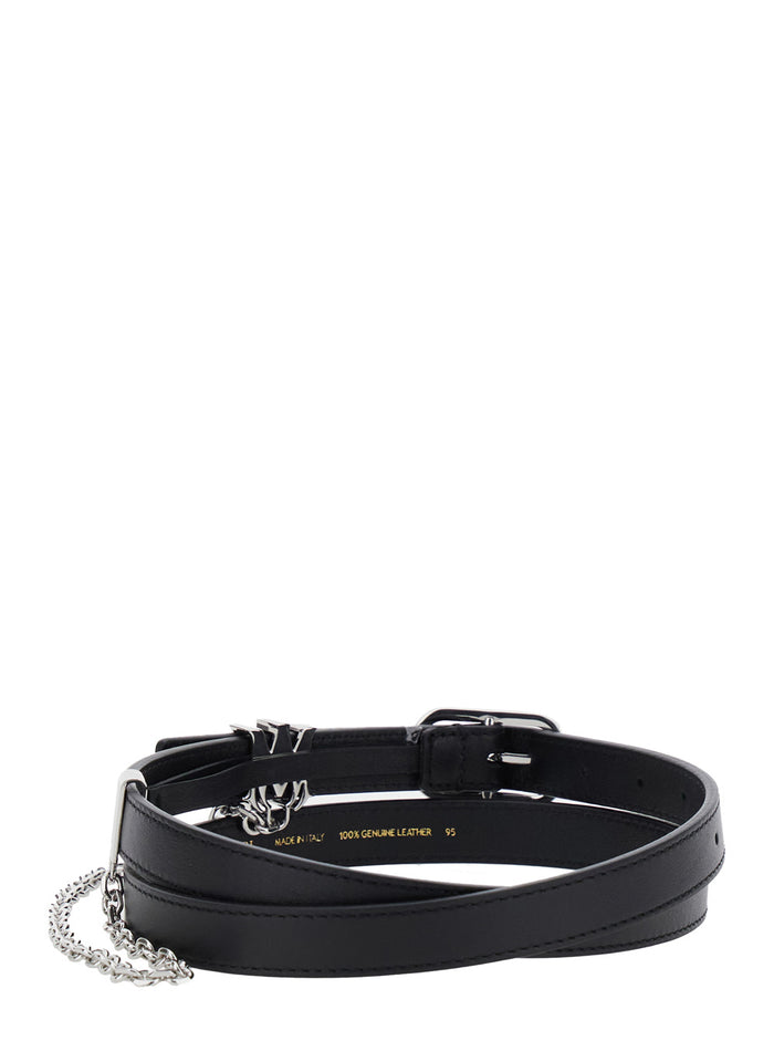 Black Belt With Chain Detail And Logo Plaque On The Front Leather Man