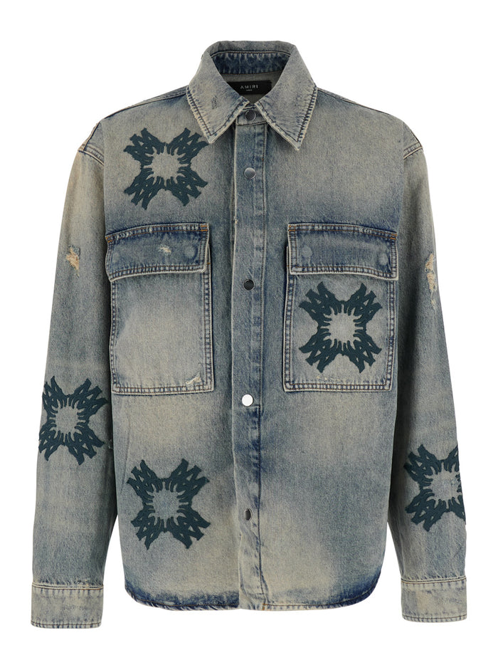Blue Shirt With All-Over Ma-Quad Prints Denim Man Blu Cotton And Blouses